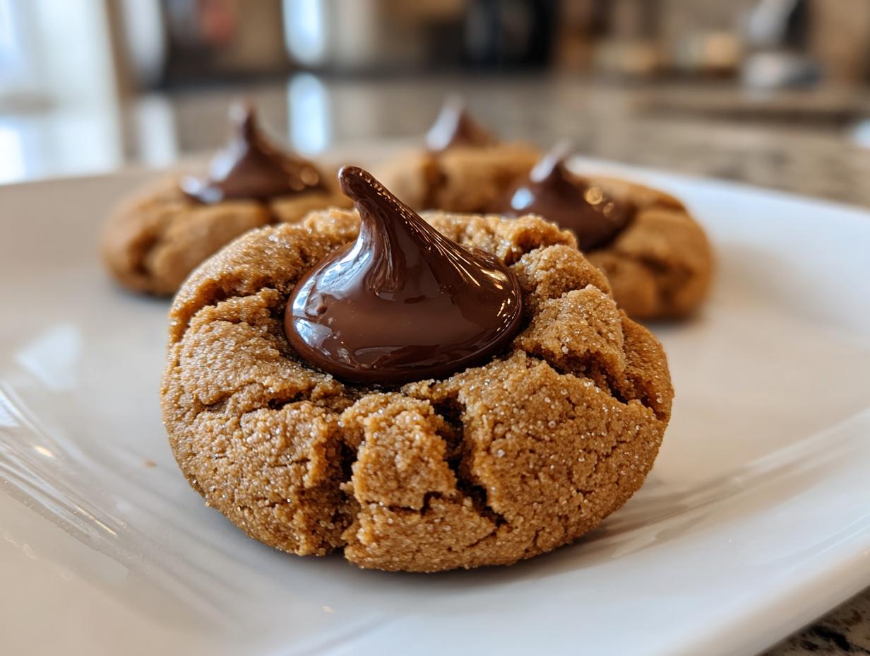 Close-up of a soft and chewy peanut butter blossom cookie topped with a chocolate kiss.