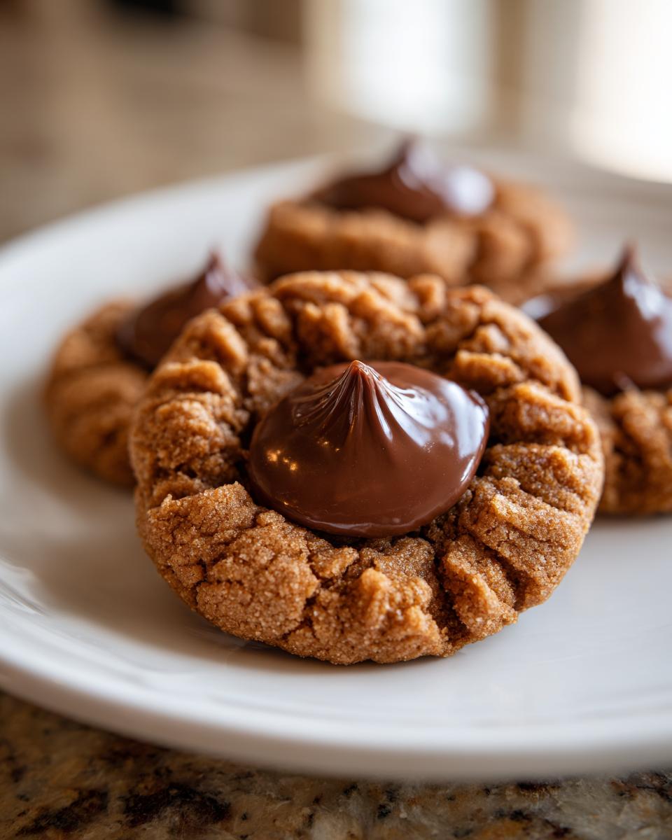 Close-up of delicious peanut butter blossom cookies with a chocolate kiss on top.