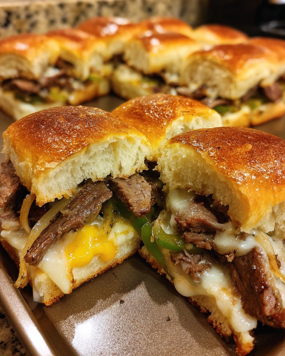 Close-up of a Philly cheesesteak slider cut in half, revealing melted cheese, steak, and peppers.