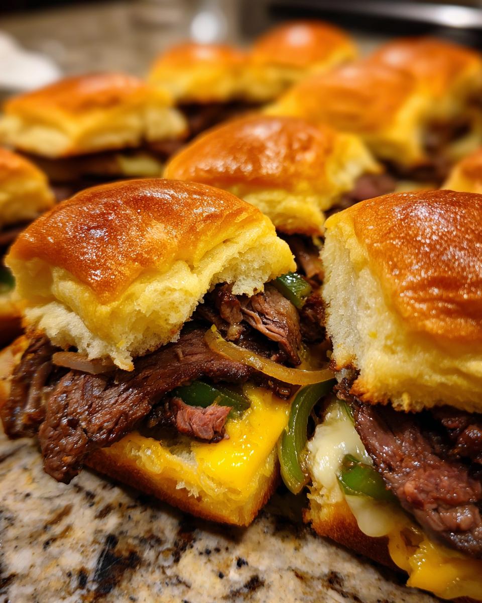 Close-up of several delicious Philly cheesesteak sliders with melted cheese, steak, and peppers.