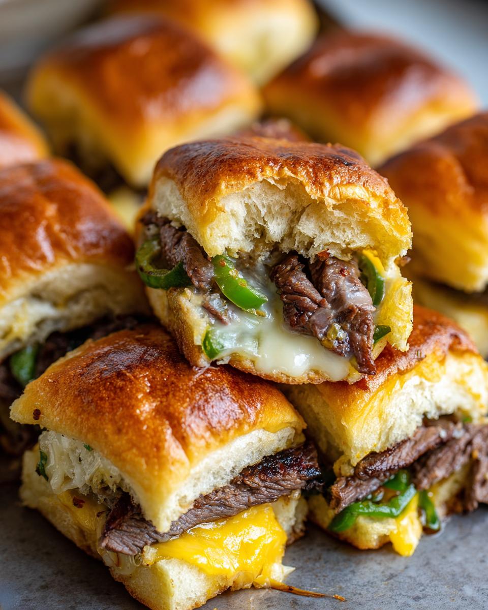 Close-up of delicious Philly cheesesteak sliders with melted cheese and green peppers.