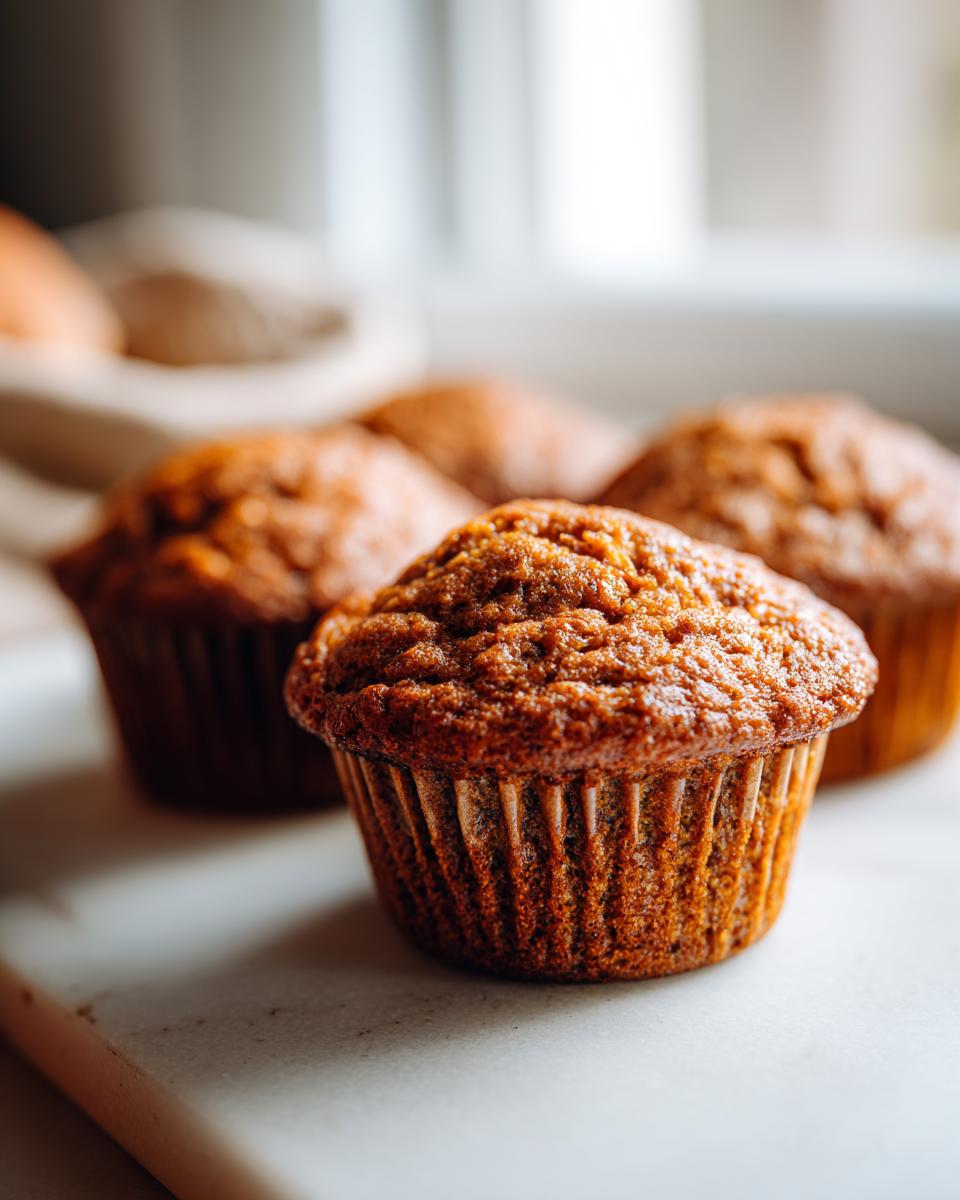 Close-up of a moist pumpkin banana muffin with a golden-brown, textured top.