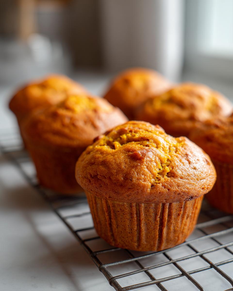 Close-up of freshly baked pumpkin banana muffins cooling on a wire rack.