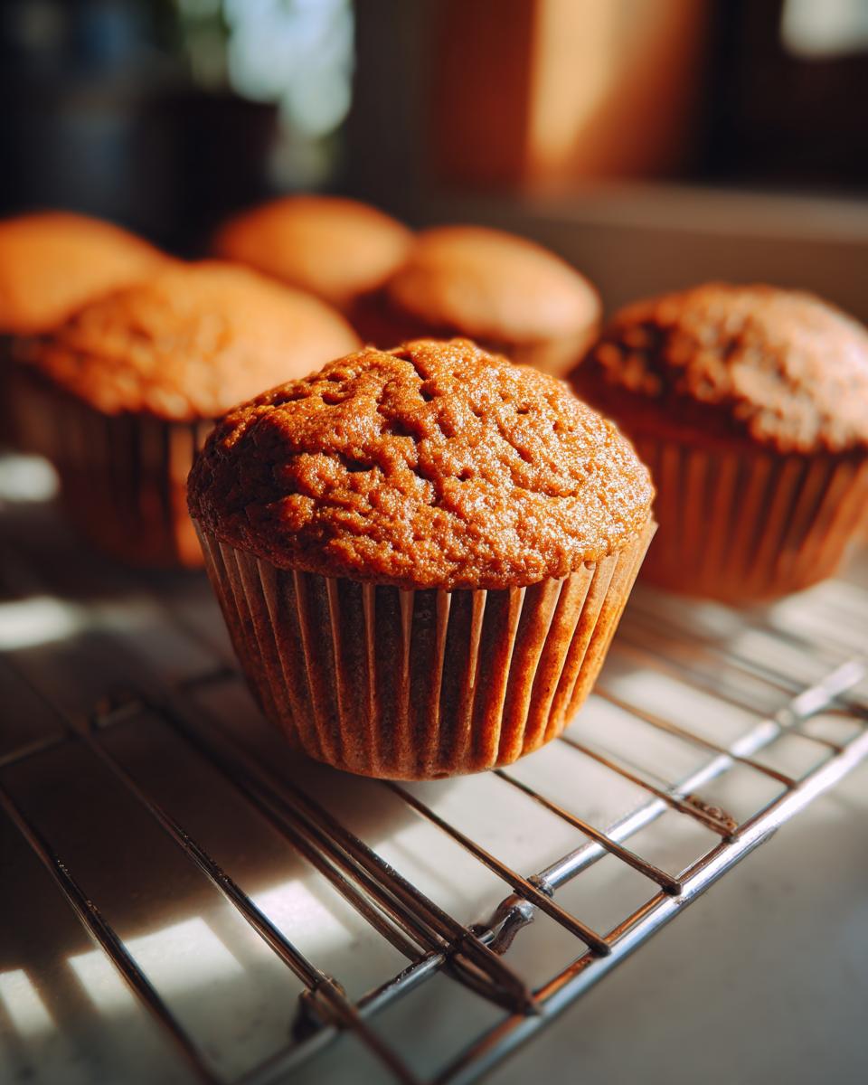 Close-up of a moist pumpkin banana muffin on a cooling rack, with more muffins in the background.