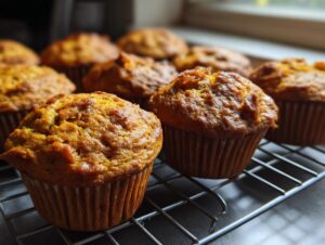 Close-up of moist pumpkin banana muffins cooling on a wire rack, showcasing their golden-brown tops.