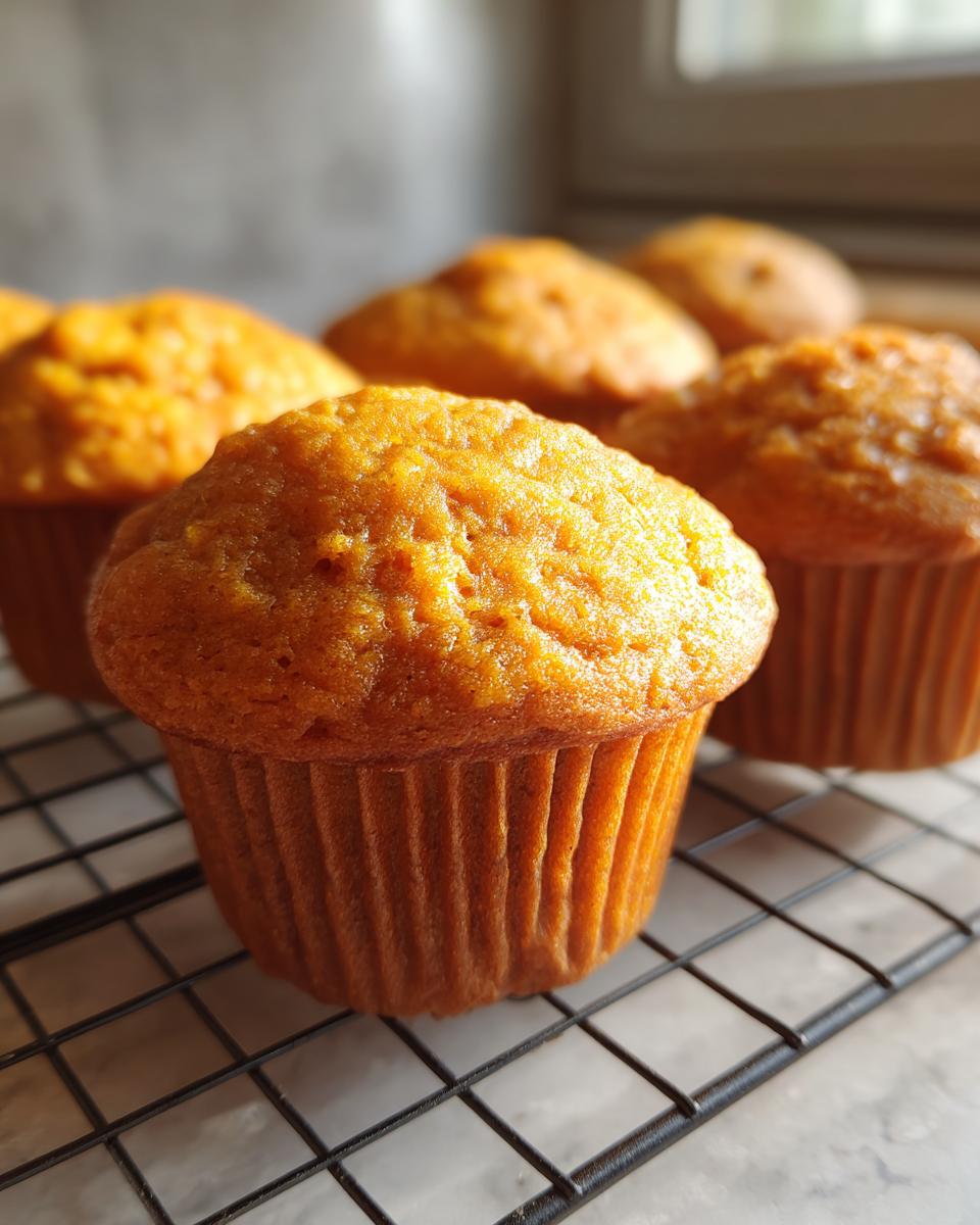 Close-up of several moist pumpkin banana muffins cooling on a black wire rack.