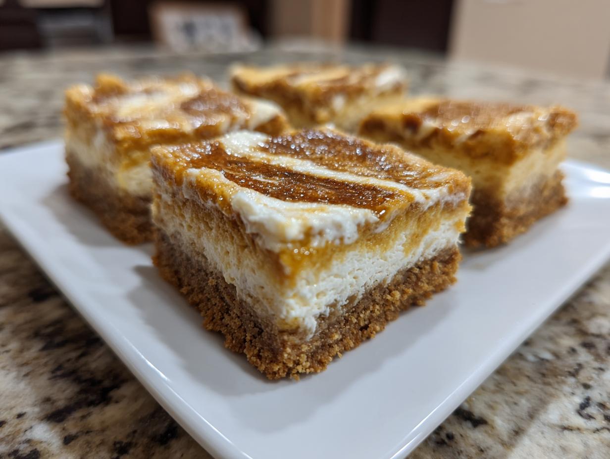 Close-up of four delicious pumpkin cheesecake bars with a graham cracker crust on a white plate.