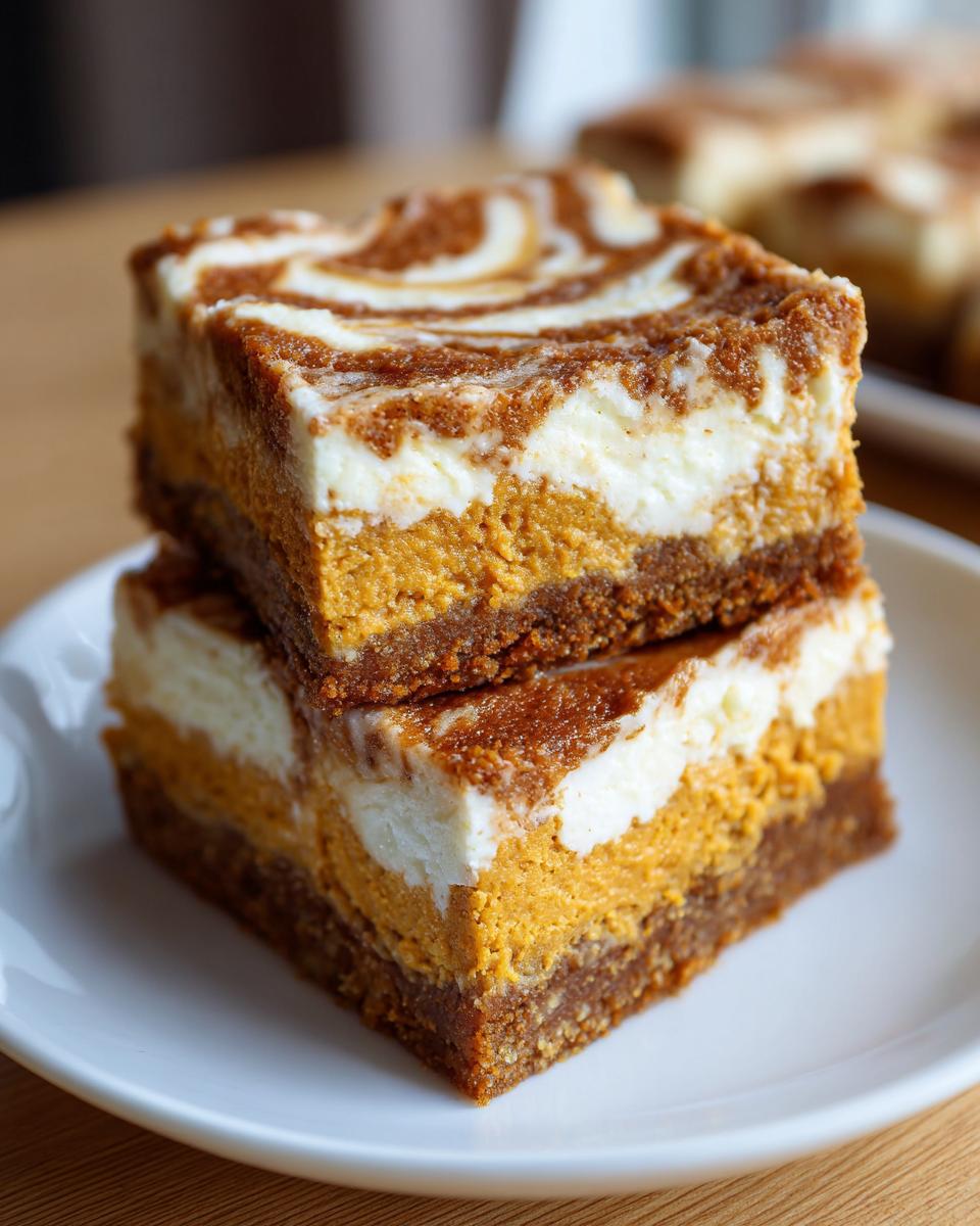 Two decadent pumpkin cheesecake bars stacked on a white plate, showcasing layers of pumpkin and cream cheese swirl.