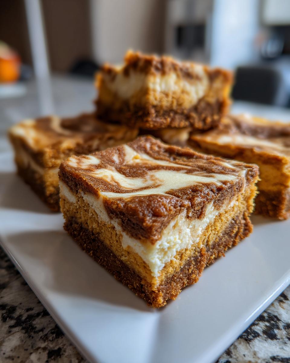 Close-up of decadent pumpkin cheesecake bars with a creamy white swirl on a white plate.