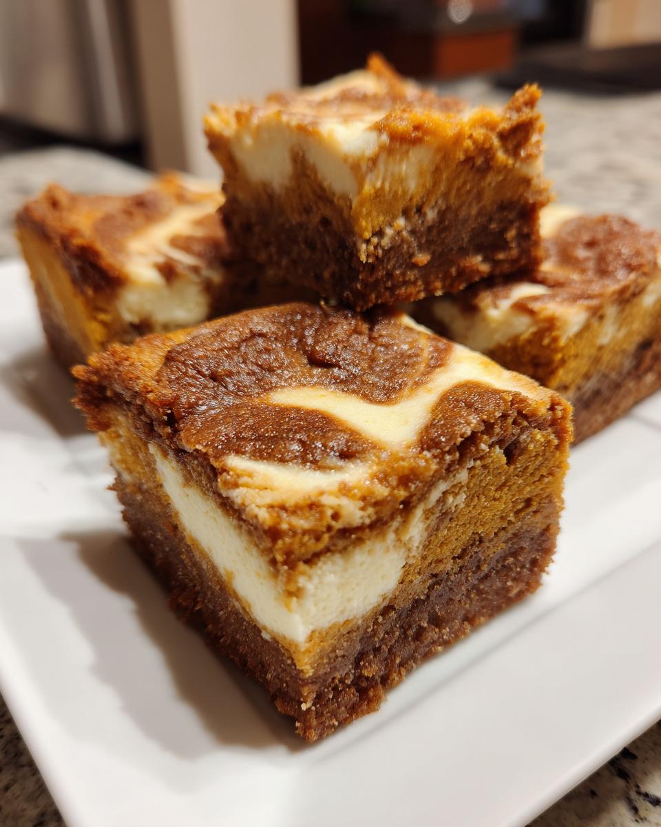 Close-up of decadent pumpkin cheesecake bars with a marbled swirl of cream cheese.