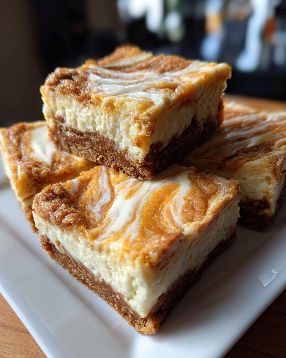Close-up of stacked pumpkin cheesecake bars with a creamy white and orange swirl topping.