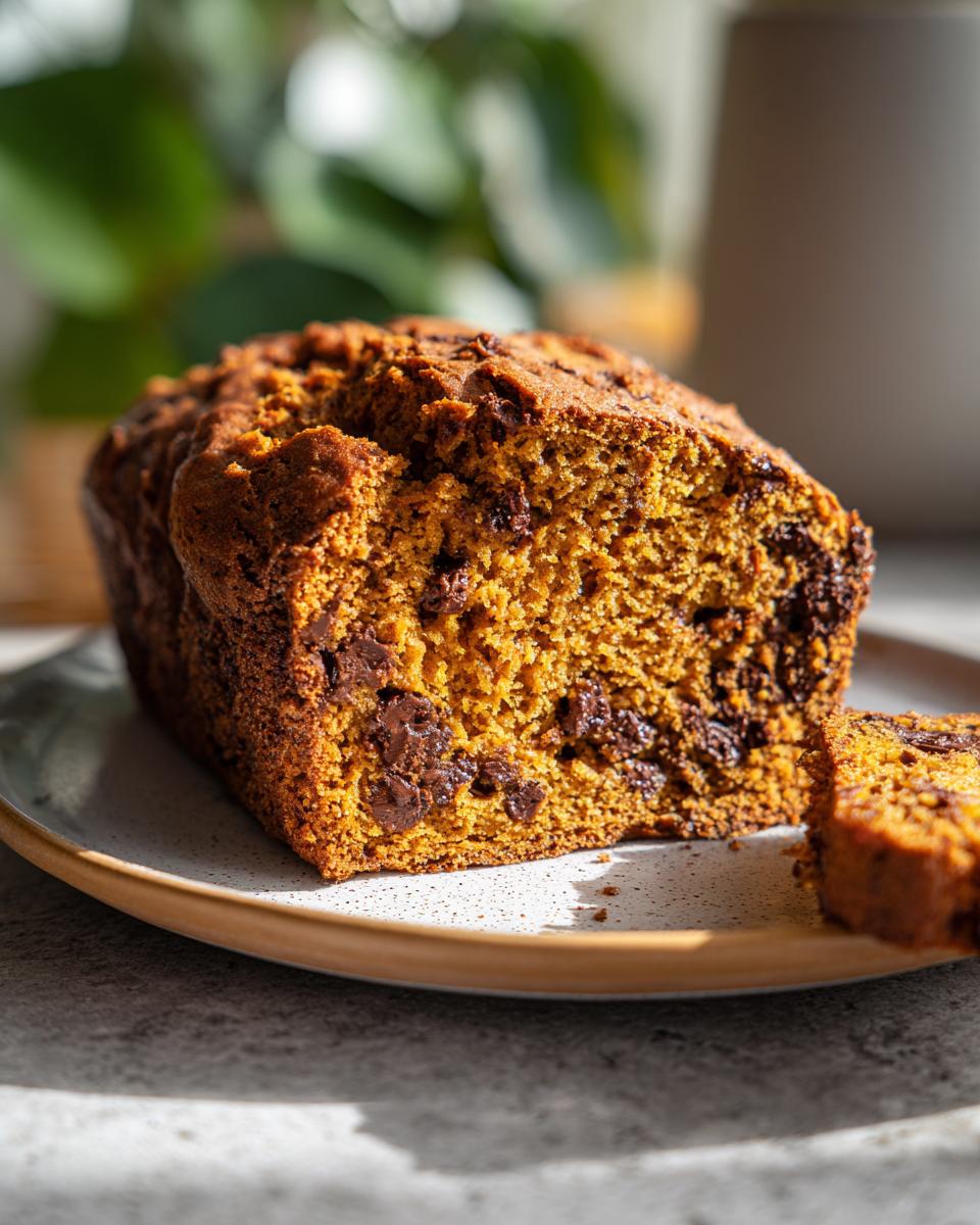 Close-up of a slice of moist pumpkin chocolate chip bread on a plate.