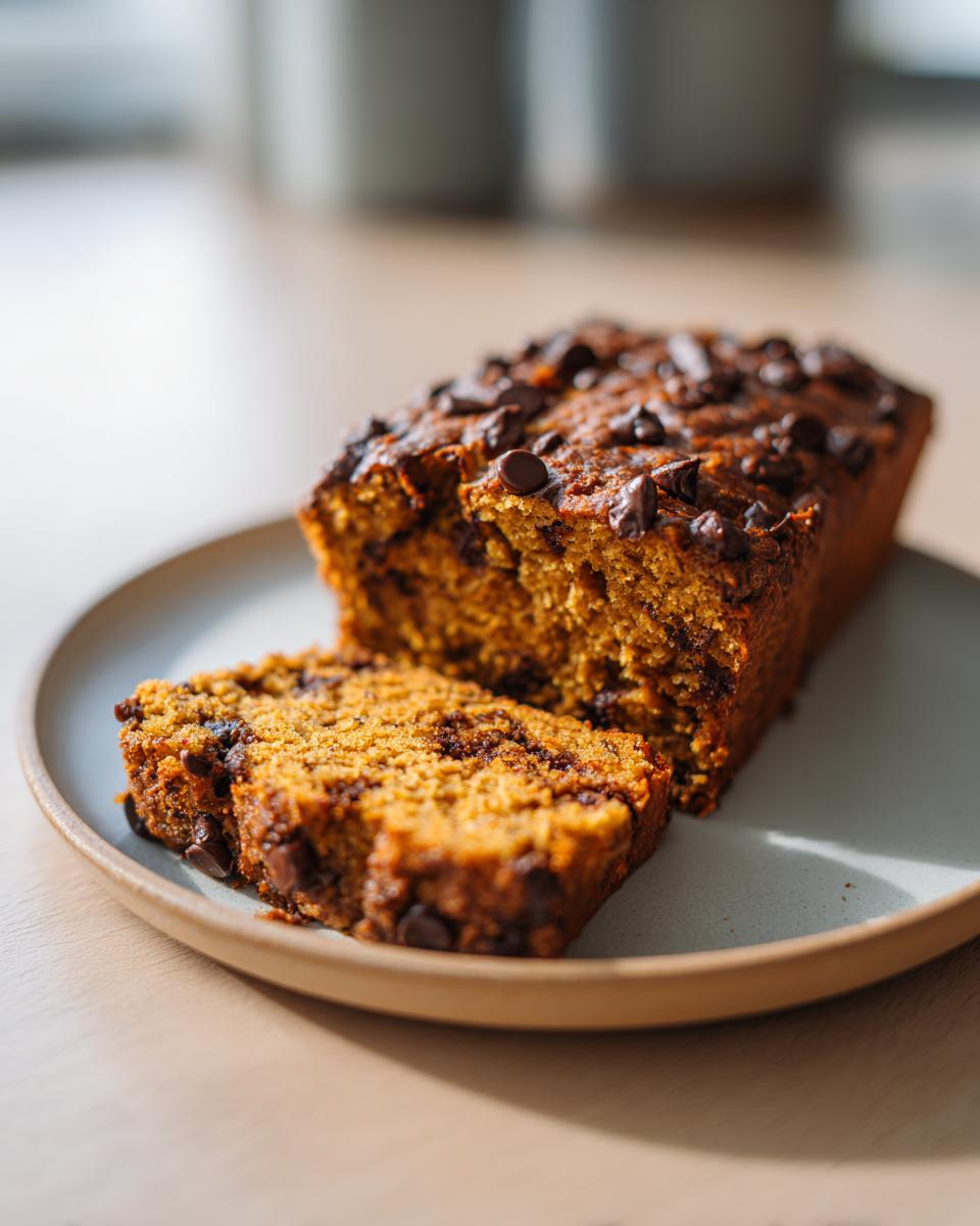 A close-up of a slice of moist pumpkin chocolate chip bread, showcasing embedded chocolate chips.