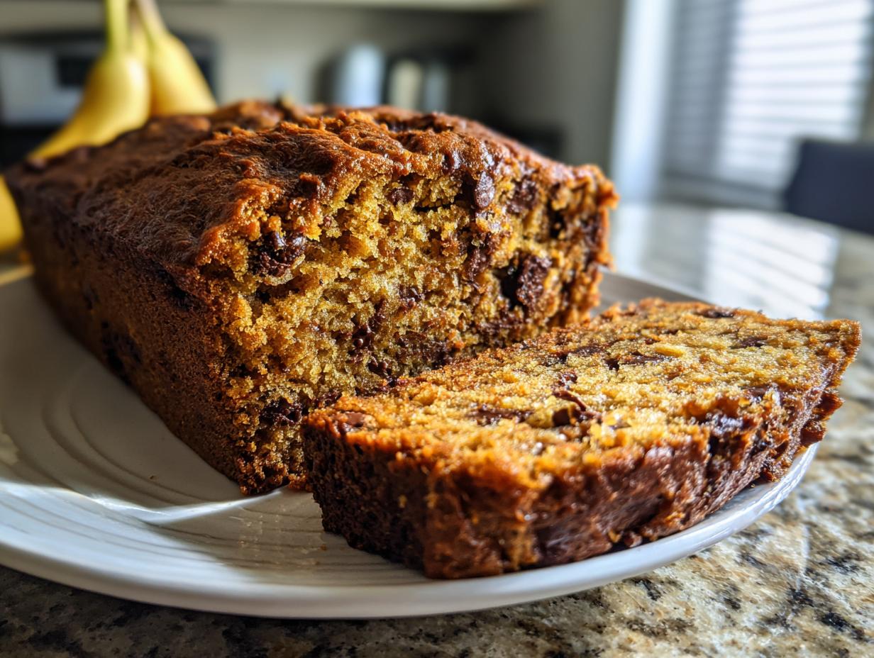 A close-up of a slice of moist pumpkin chocolate chip bread, showcasing melted chocolate chips.