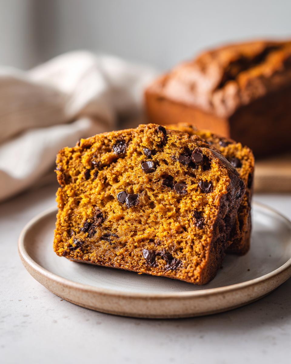 Close-up of two moist slices of pumpkin chocolate chip bread on a plate.