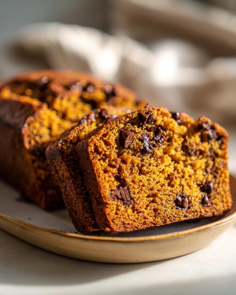 Close-up of moist pumpkin chocolate chip bread slices on a plate, showcasing rich texture and melted chocolate chips.