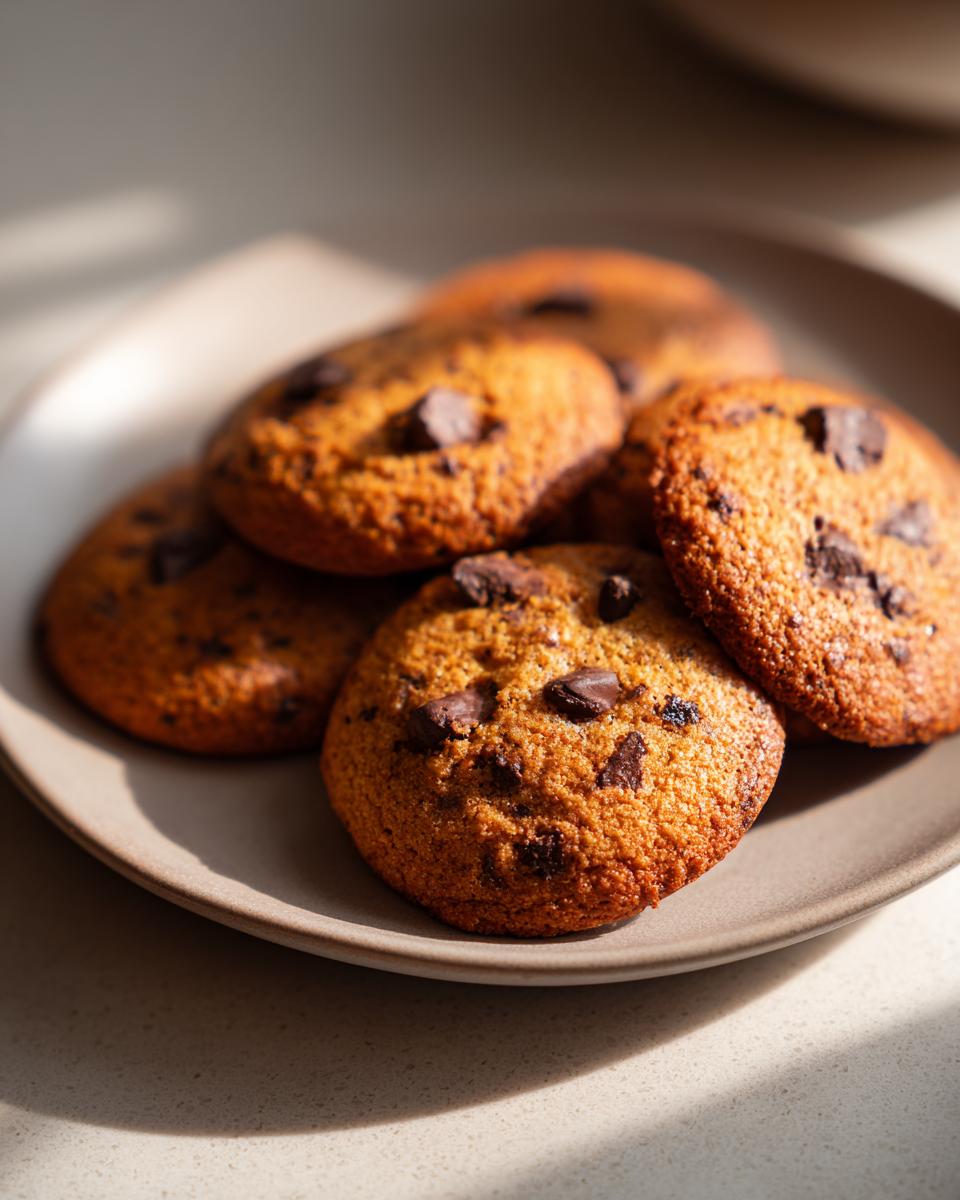 A close-up of several freshly baked pumpkin chocolate chip cookies piled on a light brown plate.