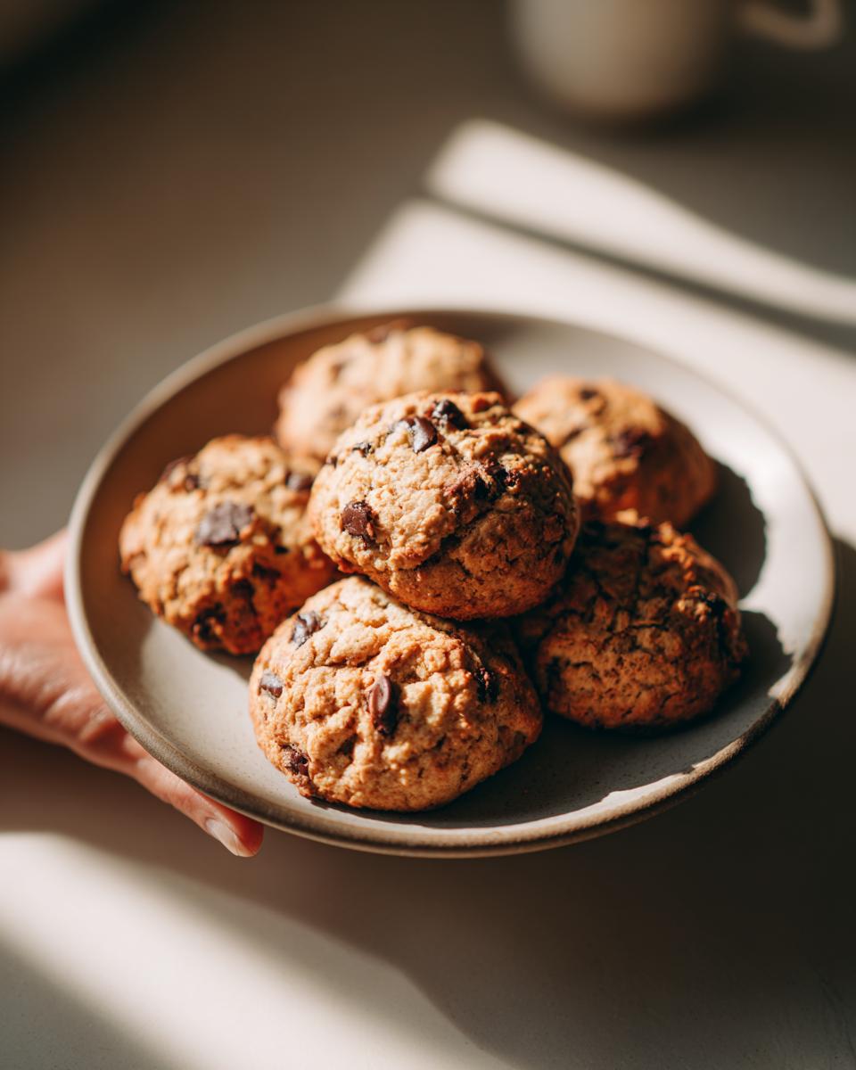 A plate full of freshly baked pumpkin chocolate chip cookies, with visible chocolate chips and a golden-brown texture.