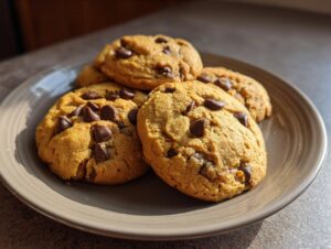A plate filled with freshly baked pumpkin chocolate chip cookies, showcasing rich chocolate chips.