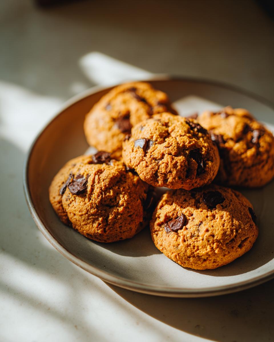 A close-up of several freshly baked pumpkin chocolate chip cookies piled on a rustic plate.
