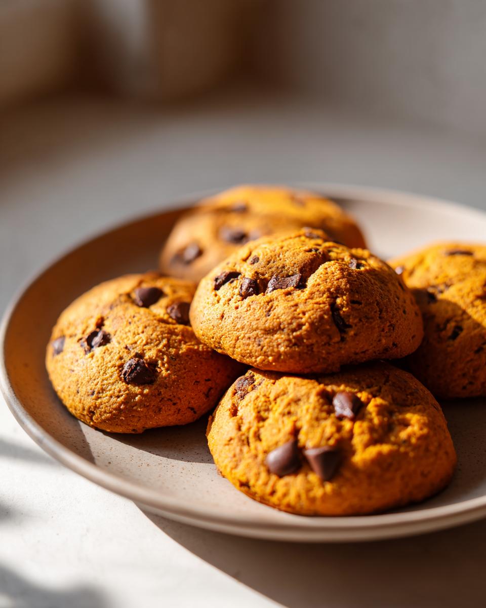 A close-up of several delicious pumpkin chocolate chip cookies piled on a rustic plate, with chocolate chips visible.