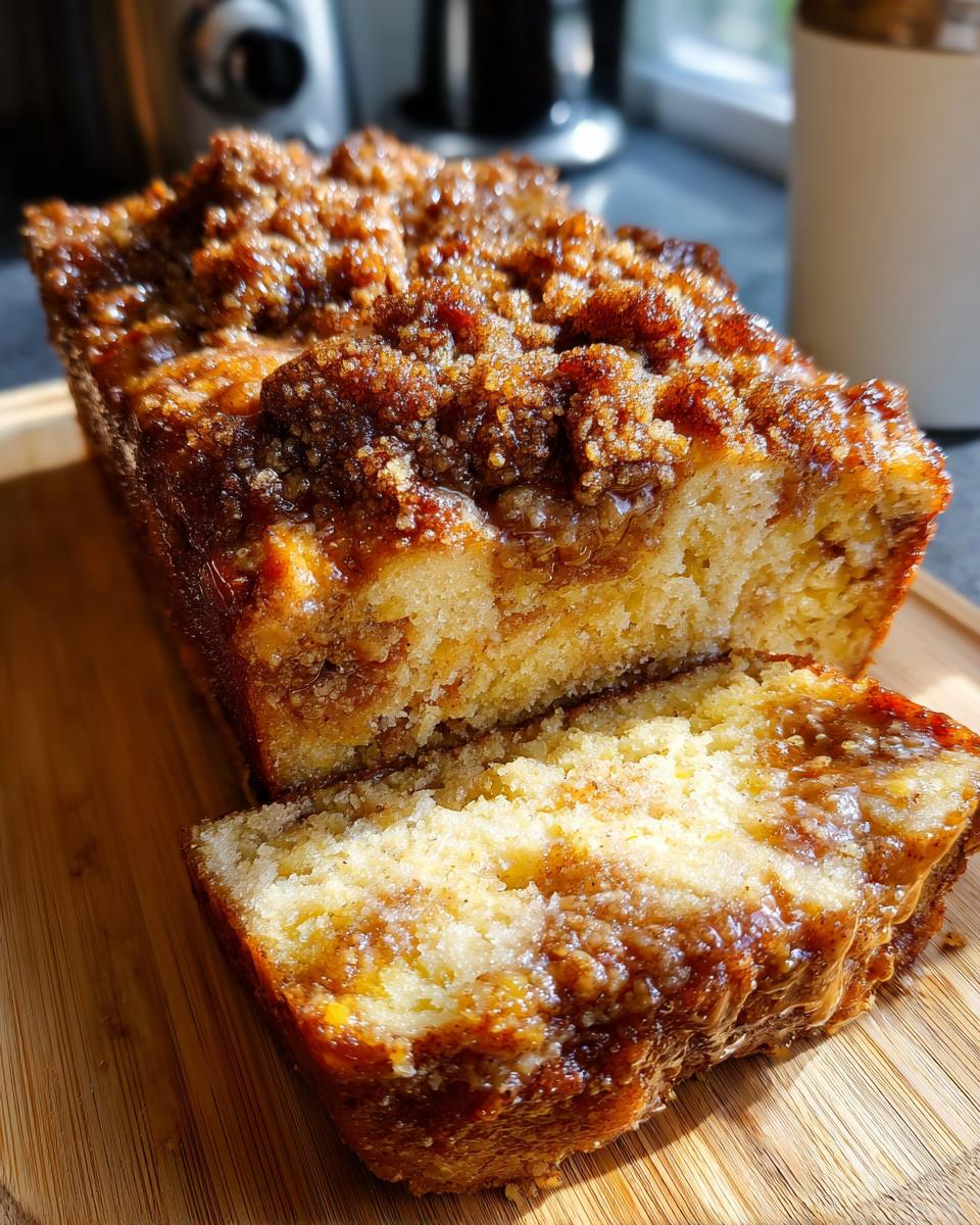 A close-up of a sliced Pumpkin French Toast Bake loaf with a crumbly streusel topping and gooey caramel swirls.