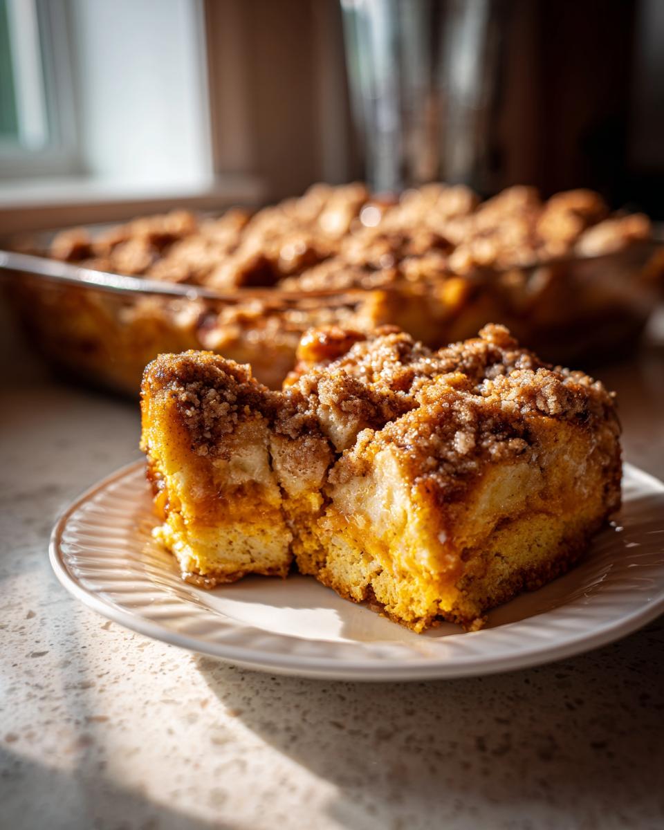 A close-up of two slices of Pumpkin French Toast Bake on a white plate, topped with streusel.