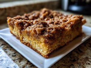 A close-up of a delicious slice of Pumpkin French Toast Bake on a white plate.