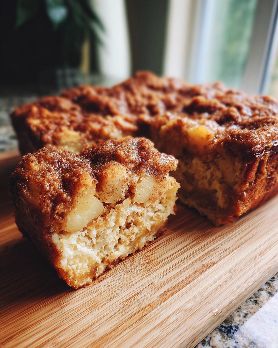A close-up of a slice of Pumpkin French Toast Bake on a wooden board, showing chunks of pumpkin and a cinnamon-sugar topping.