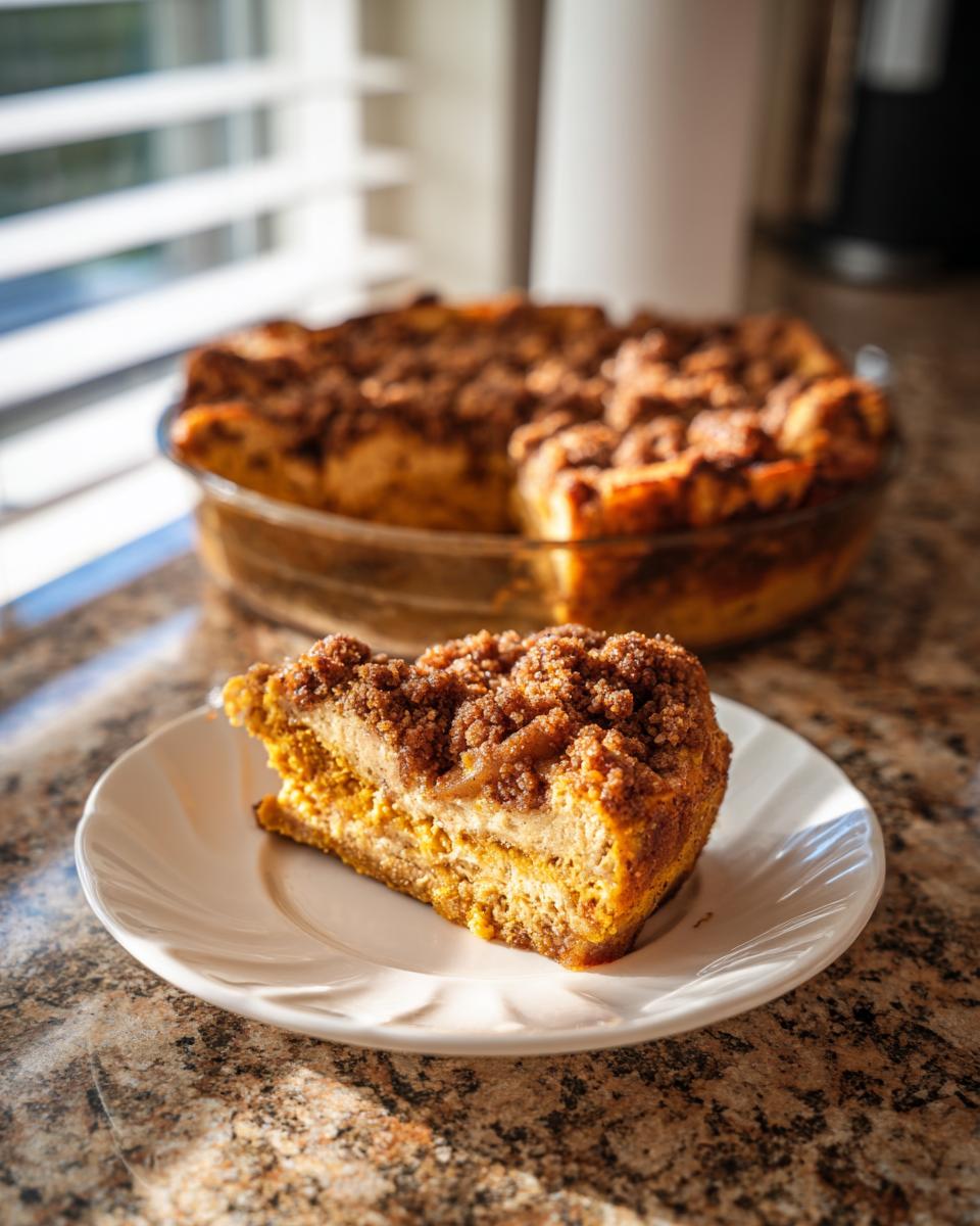 A slice of Pumpkin French toast bake with a crumb topping on a white plate.