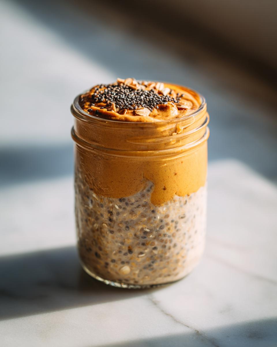 Close-up of pumpkin pie overnight oats in a glass jar, topped with peanut butter and chia seeds.