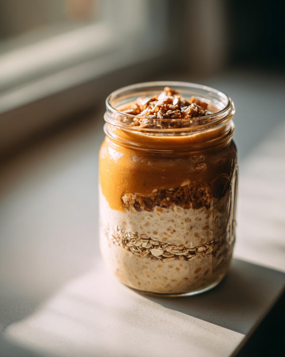 A close-up of pumpkin pie overnight oats in a mason jar, layered with oats and topped with pumpkin puree and granola.