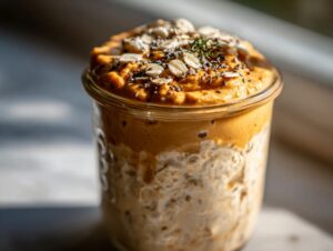 A close-up of pumpkin pie overnight oats in a glass jar, topped with oats, chia seeds, and a sprig of rosemary.