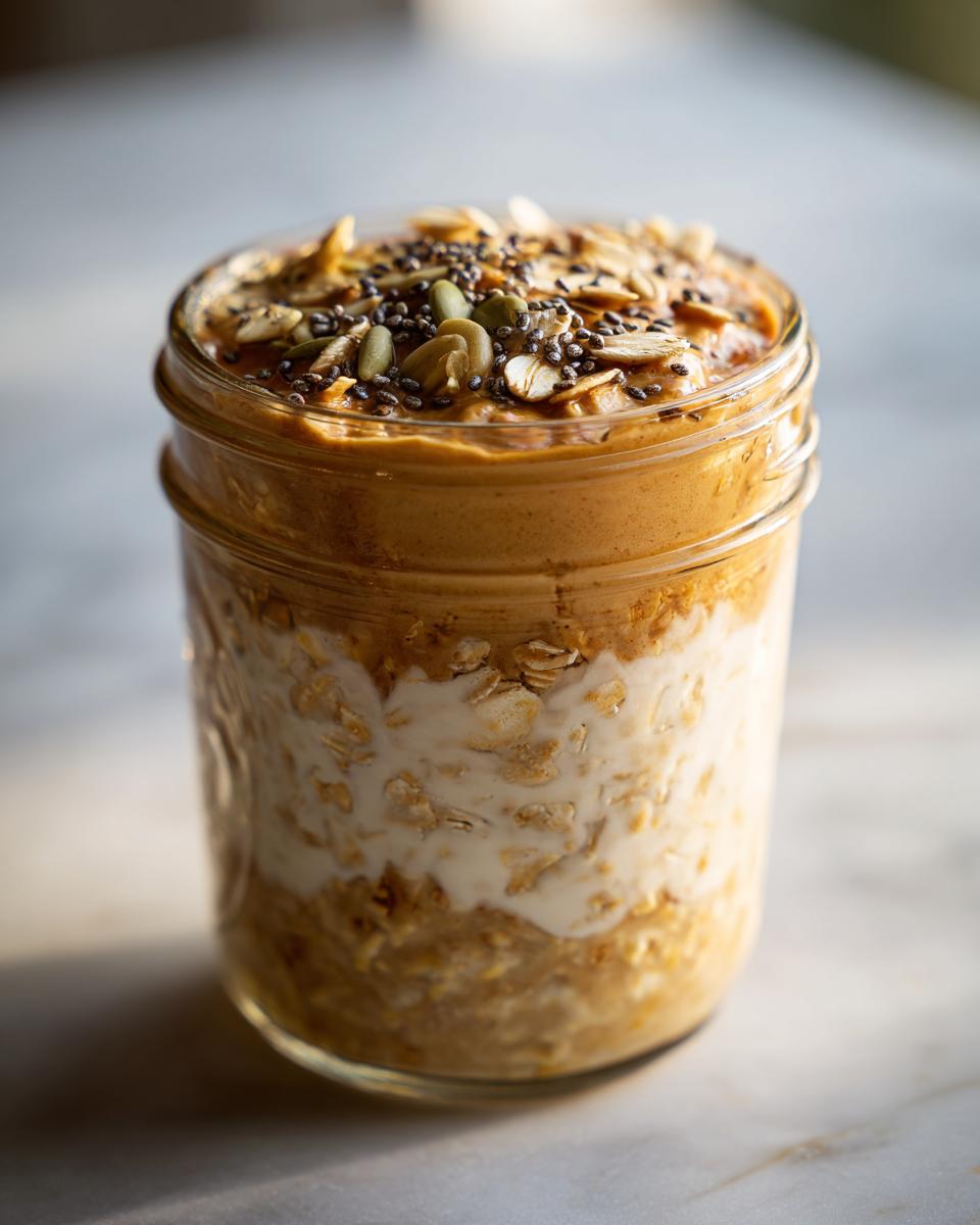 Close-up of pumpkin pie overnight oats in a mason jar, topped with peanut butter, chia seeds, and pumpkin seeds.