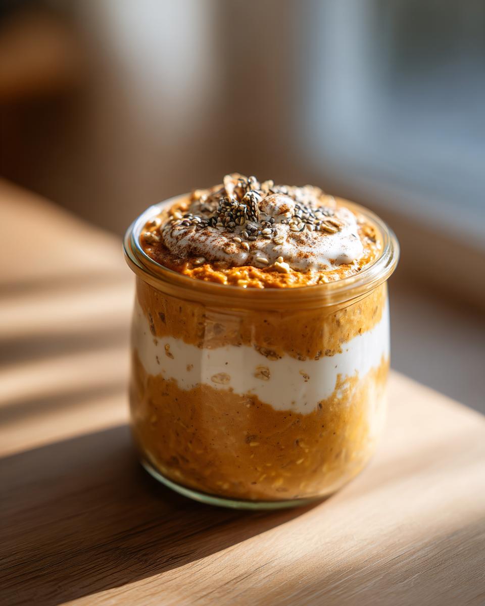 A close-up of pumpkin pie overnight oats in a glass jar, layered with yogurt and topped with seeds and cinnamon.