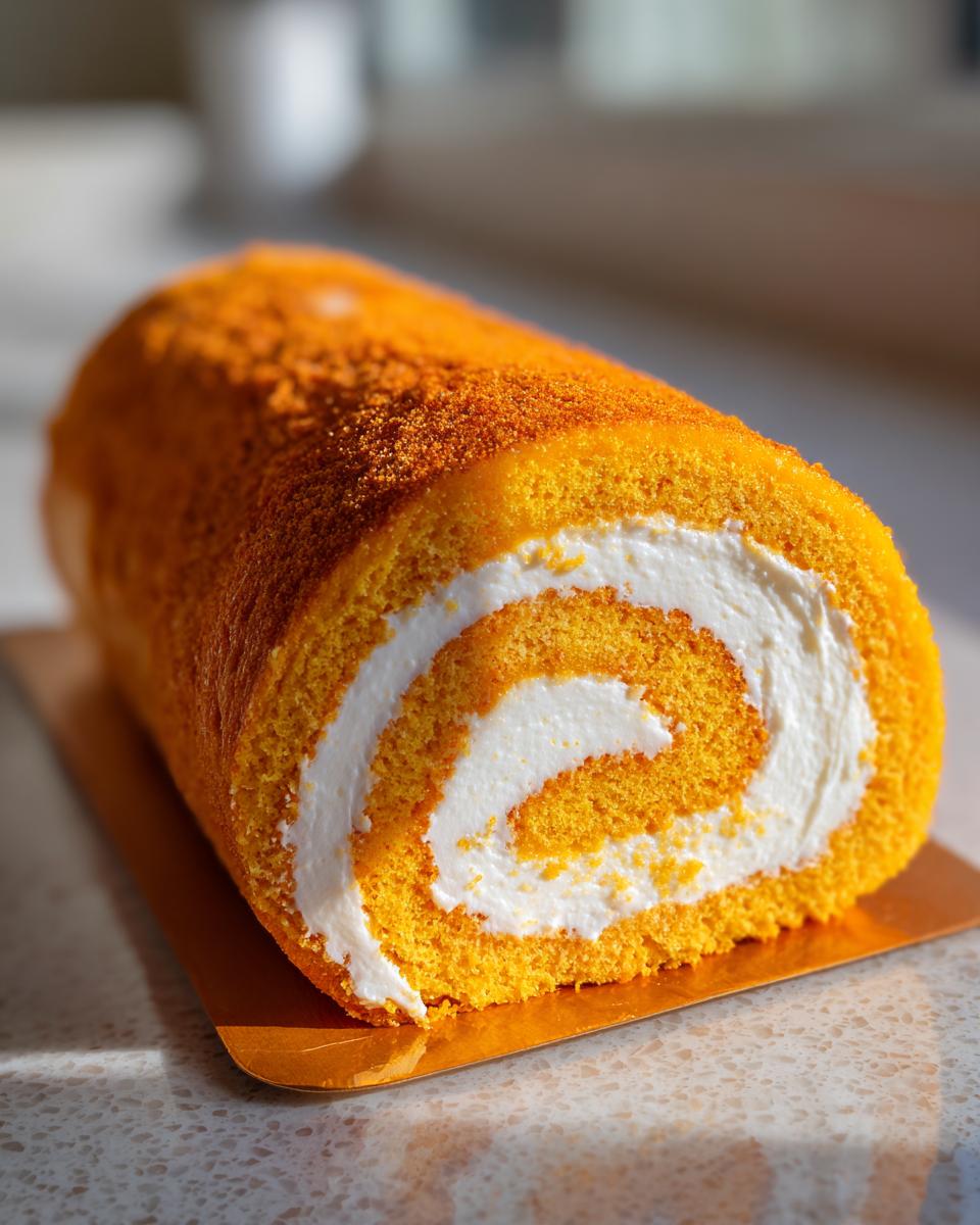 A close-up of a perfectly rolled pumpkin roll cake with a swirl of white cream filling and a dusting of orange crumbs.