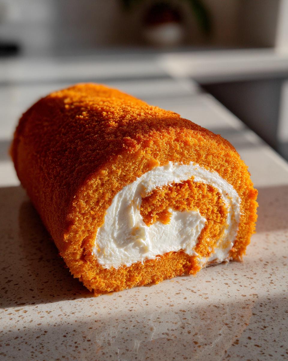 A close-up of a perfect pumpkin roll cake with a swirl of creamy filling visible.