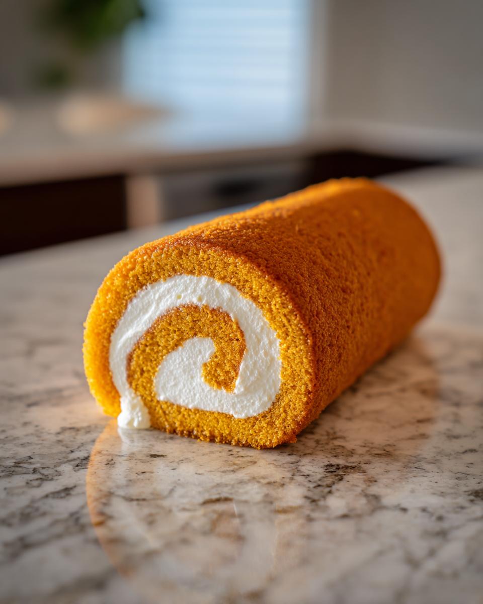 A perfectly rolled pumpkin roll cake with a swirl of white cream filling, showcasing its vibrant orange color.