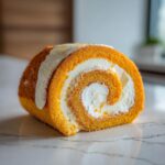 A close-up of a perfectly rolled pumpkin roll cake slice with creamy white filling and a dusting of spice.
