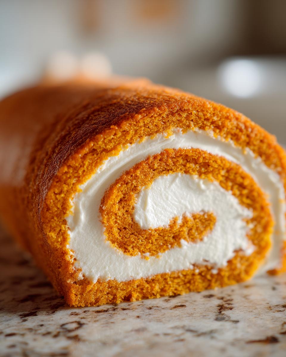 Close-up of a slice of pumpkin roll cake, showcasing the vibrant orange cake and creamy white filling swirled together.