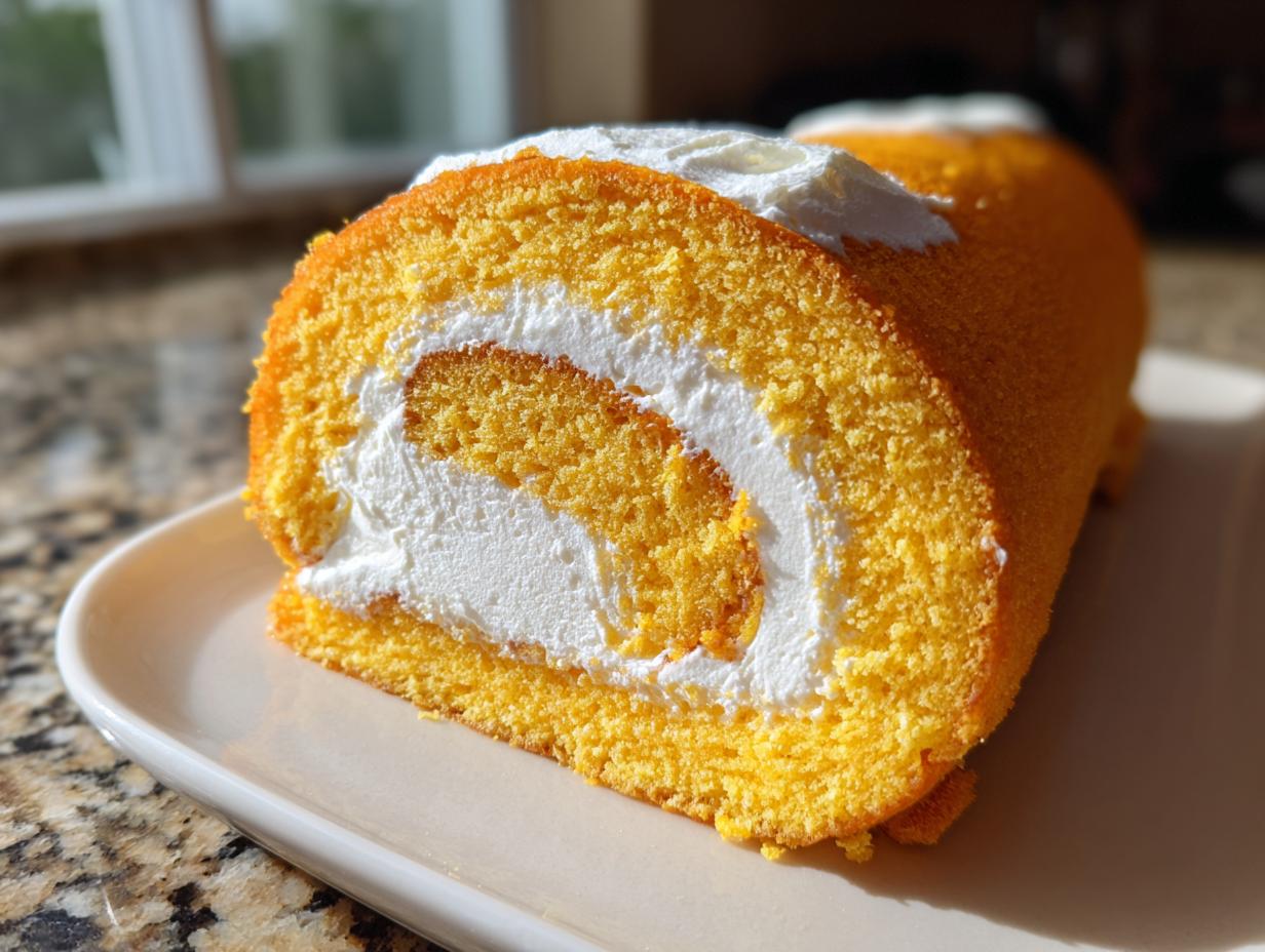 A close-up of a slice of pumpkin roll cake, showcasing the vibrant orange cake and creamy white filling.
