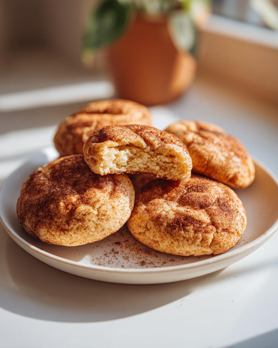 A close-up of several chewy pumpkin snickerdoodle cookies on a white plate, one cookie is broken in half.