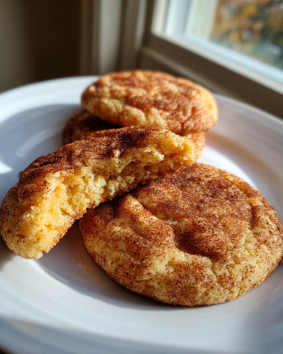 Close-up of a plate of chewy pumpkin snickerdoodle cookies, one broken in half to show the soft interior.