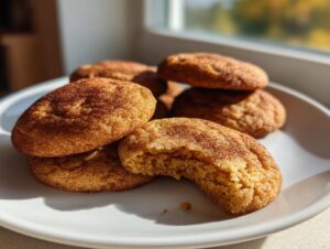 A close-up of several chewy pumpkin snickerdoodle cookies on a white plate, one with a bite taken out.