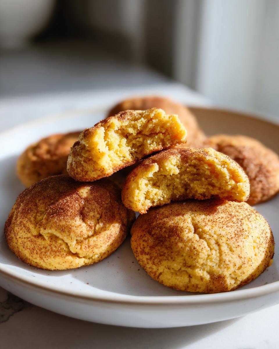 A stack of chewy pumpkin snickerdoodle cookies on a plate, one cookie is broken in half to show the soft interior.