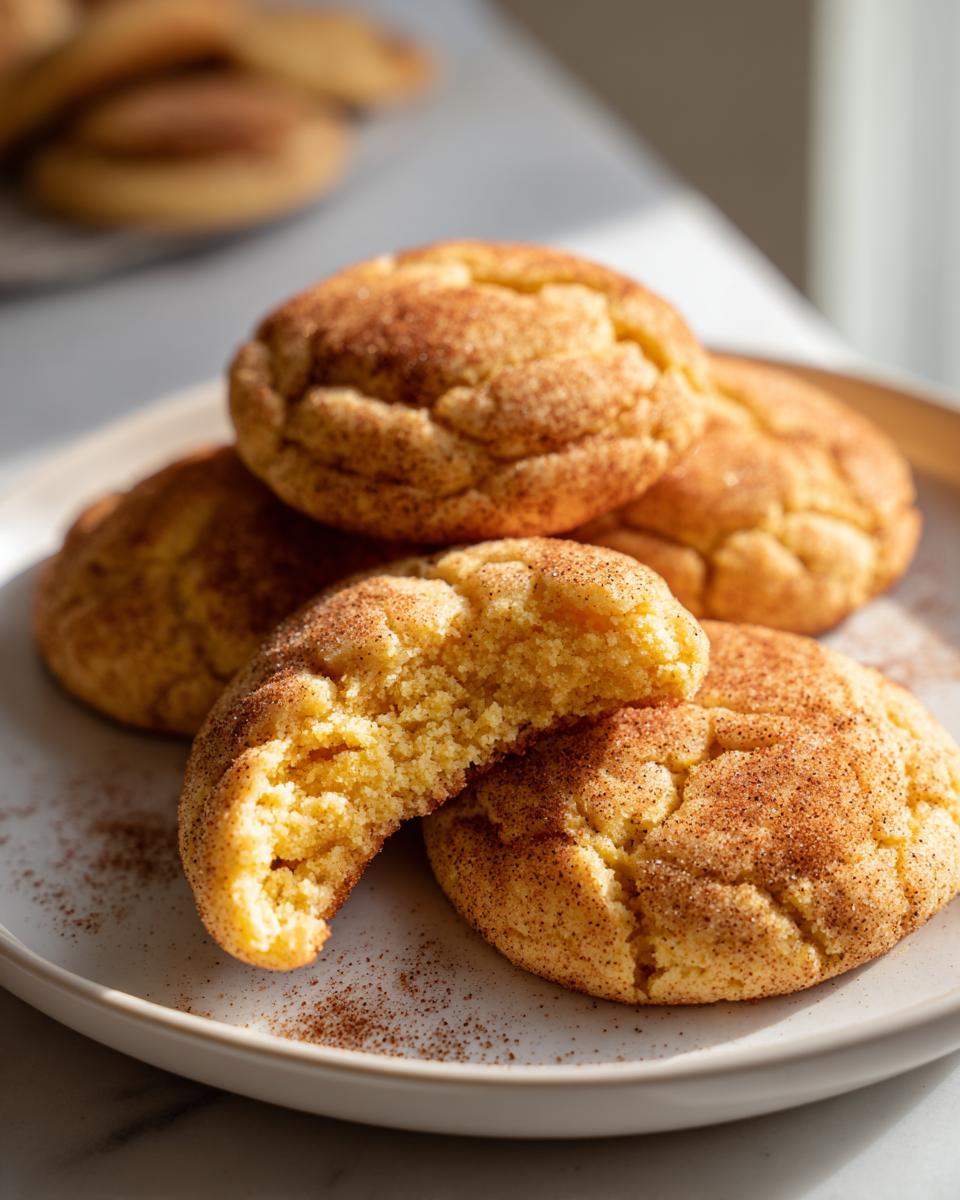 A close-up of several chewy pumpkin snickerdoodle cookies on a plate, one broken in half.