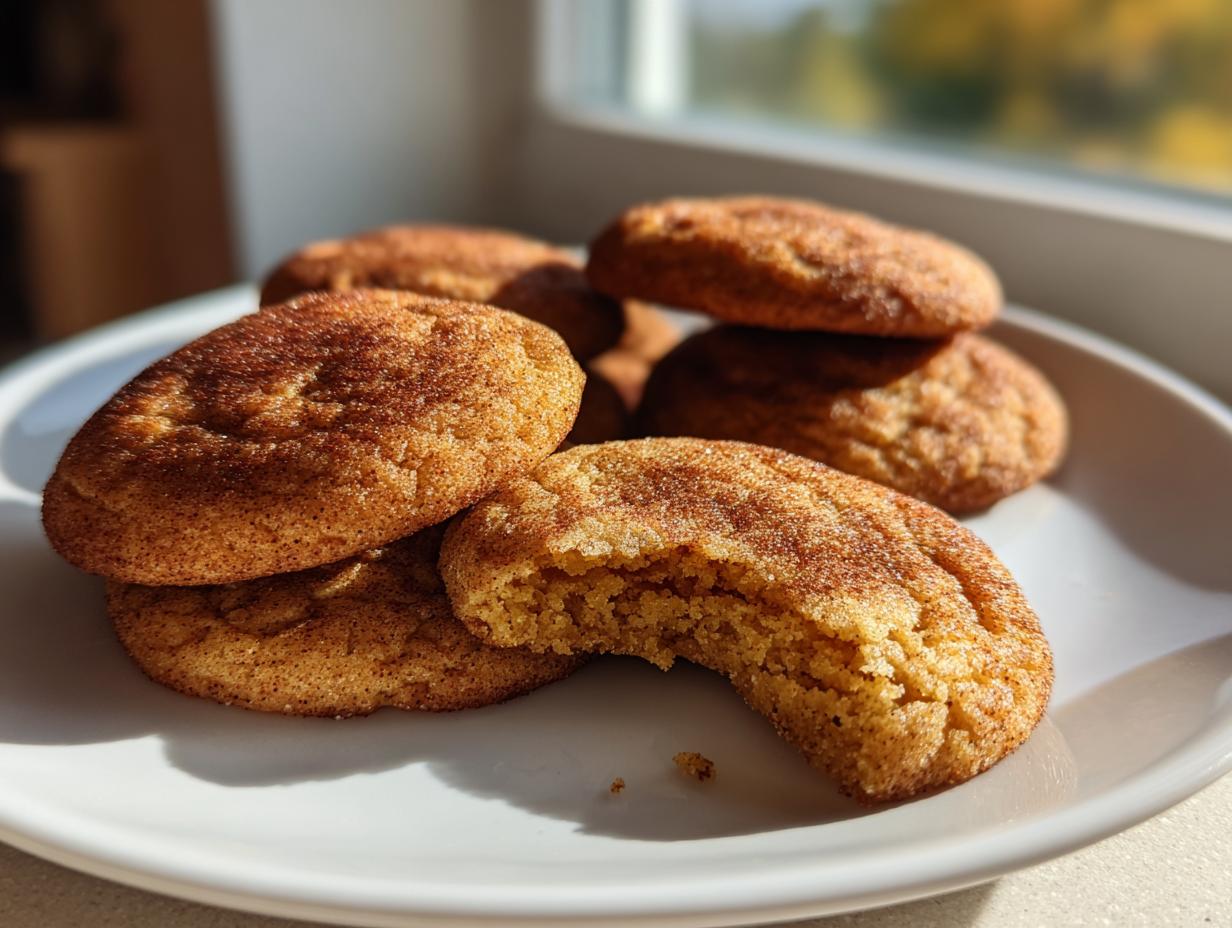 A close-up of several chewy pumpkin snickerdoodle cookies on a white plate, one with a bite taken out.