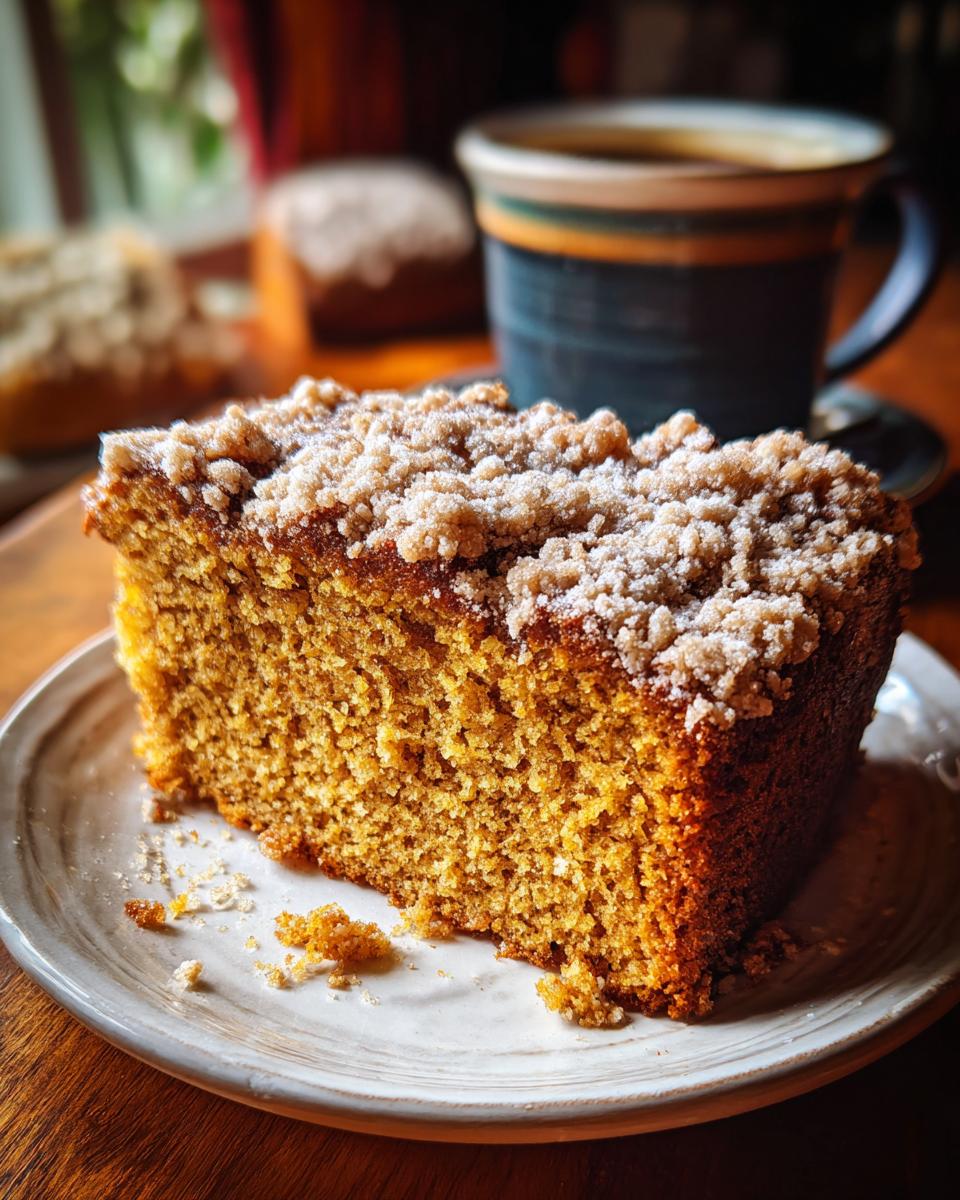 A close-up of a moist pumpkin spice coffee cake slice with a crumb topping, served on a white plate next to a cup of coffee.