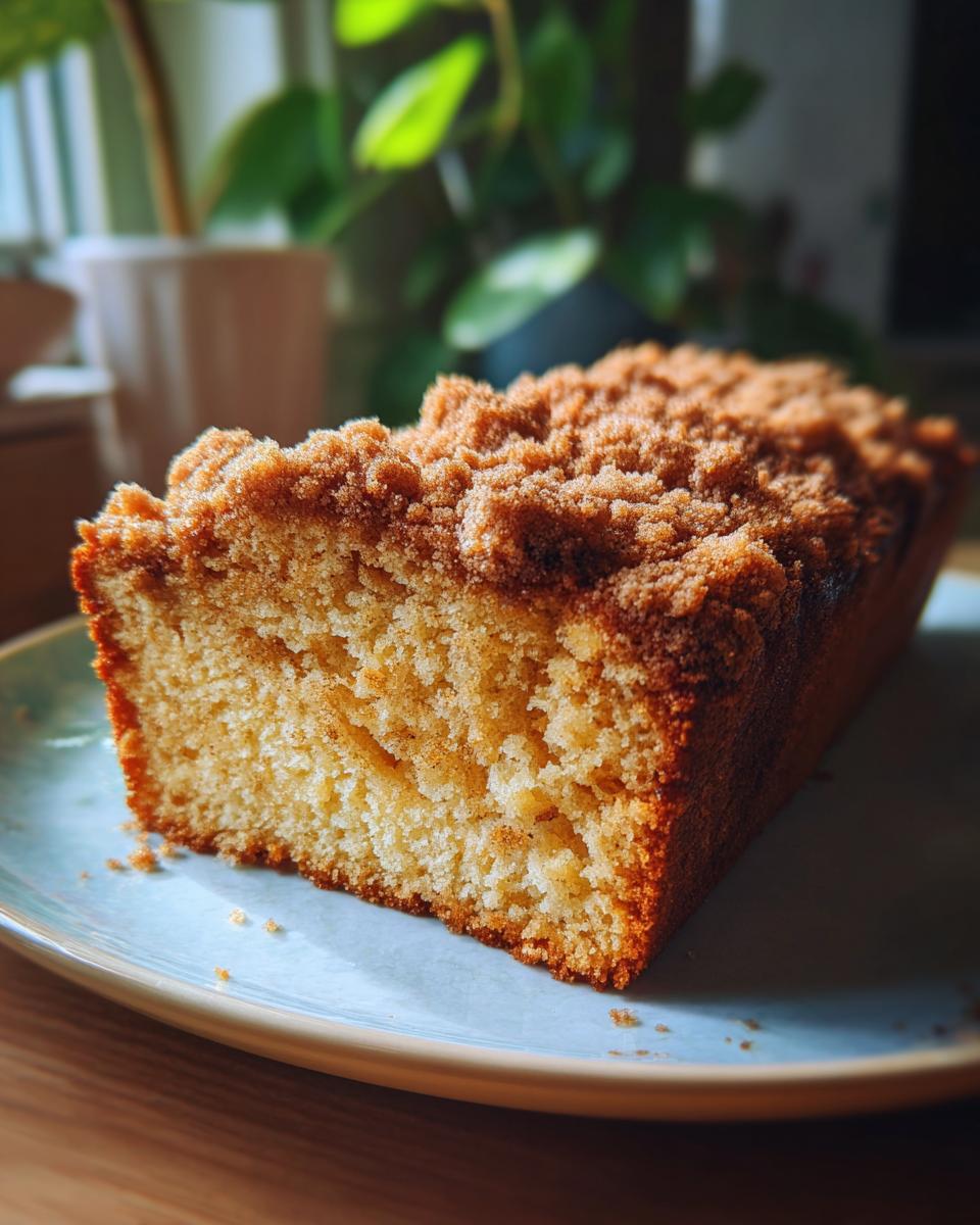 A close-up of a slice of moist pumpkin spice coffee cake with a crumb topping on a blue plate.