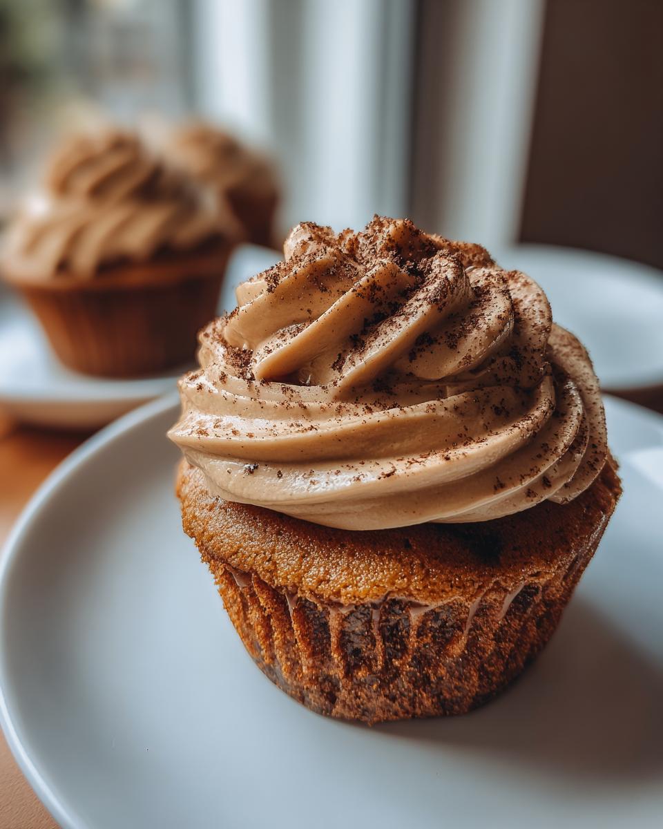 Close-up of a moist pumpkin spice latte cupcake topped with creamy, swirled frosting and sprinkled with cinnamon.